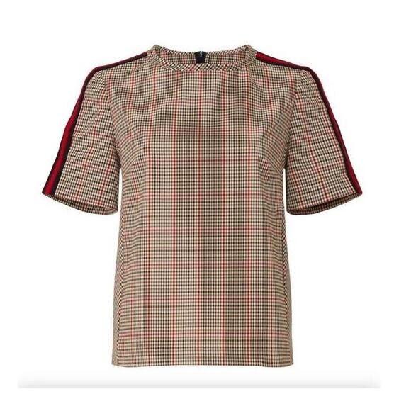 Trina Turk Tops - TRINA TURK Womens Aden Plaid Short Sleeve Shirt Size L Plaid Striped Crew Neck